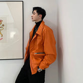 Hearujoy Orange Men PU Leather Jacket Male Short Coats Spring Winter Zipped Oversized Vintage Streetwear Lapel Jackets